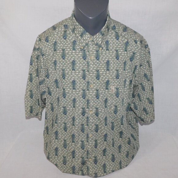 Columbia Mens 2XL Gray Green Blue Fishbone Button Front Short sleeve Shirt - Picture 1 of 12